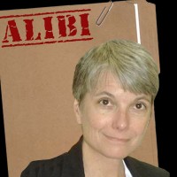 C Fisher Alibi Canvass Woman with a salt-and-pepper pixie cut in front of a manila folder stamped "Alibi"